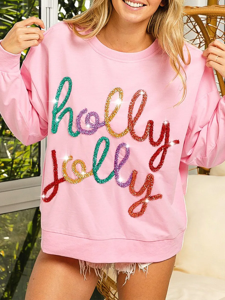 Sudadera con lentejuelas para el Día de San Valentín para mujer, jersey de manga larga con letras holgadas y cuello redondo, camisetas Casaul Y2K 2024