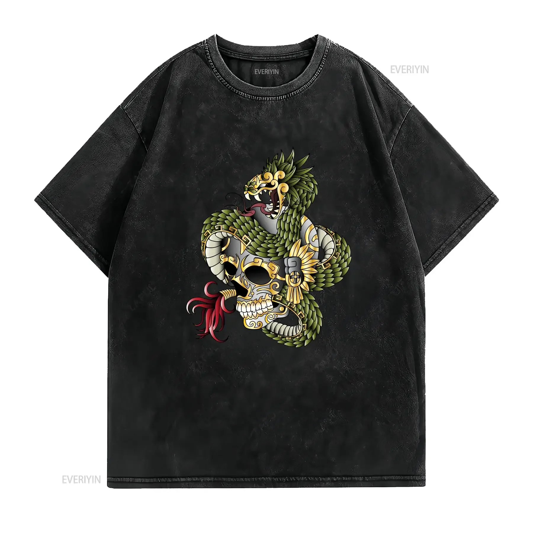 Quetzalcoatl sugar skull print day of the dead art mexican t shirt aztec men mexico shirts clothing vintage Washed homme