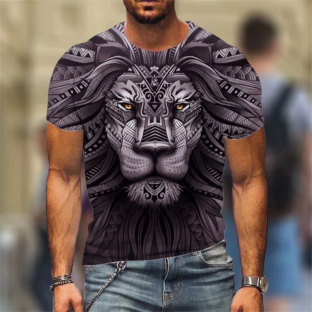 Lion Fighting Animal Beast Fierce Lion Wolf 3D T Shirt New Summer Men's Oversized Short Sleeve Black And White Design Polyester