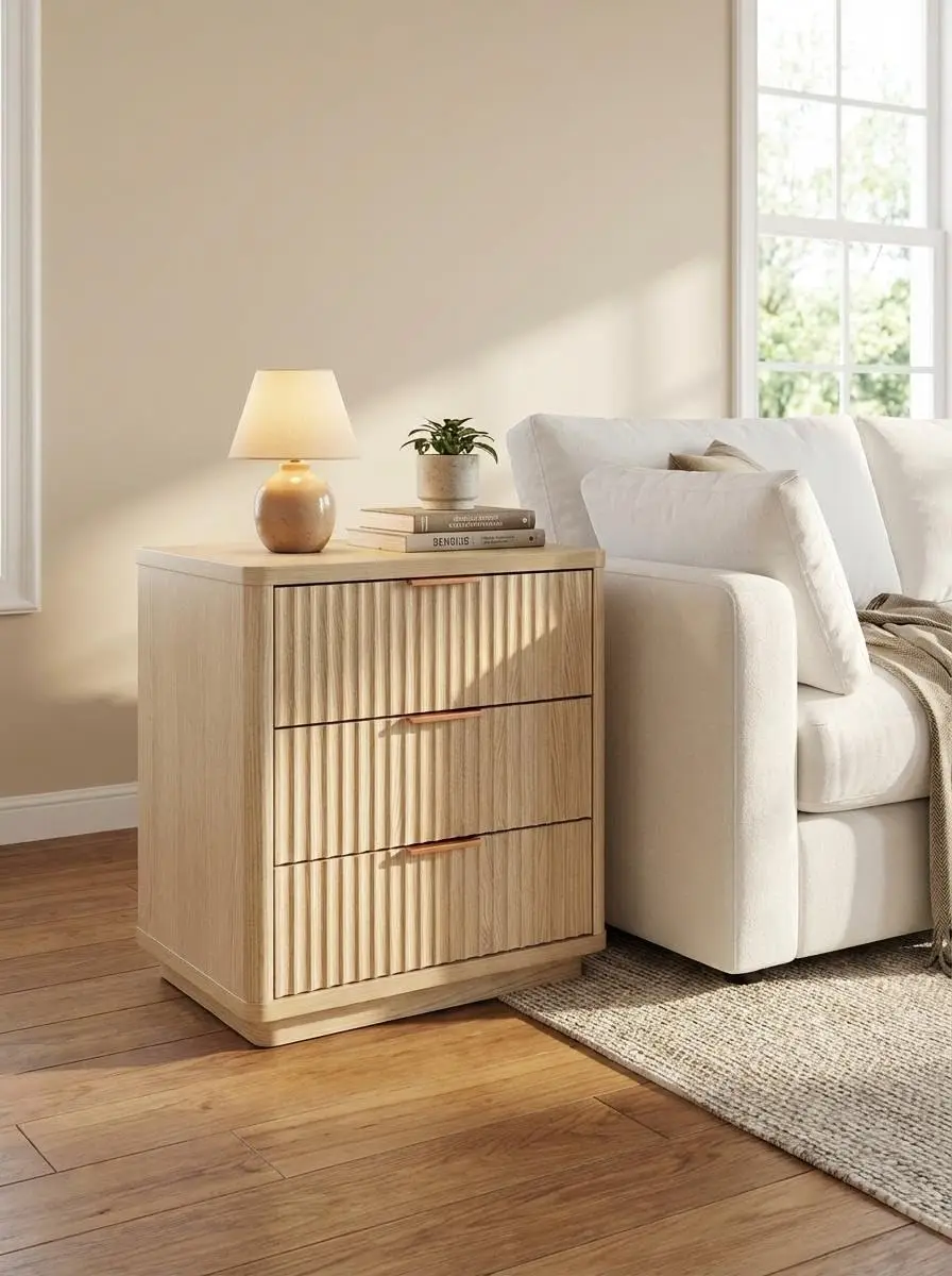 Nightstand Set of 2,  3 Drawers Nightstand Fluted Bedside Table With Outlet, Light Wood Night Stand with Storage, Modern End Table with Metal Handle for Bedroom and Living Room, Space Saving