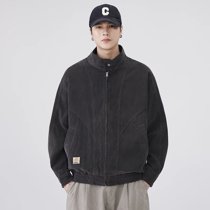 Men Stand Collar Korean Fashion Streetwear Loose Casual Vintage Cargo Jacket Outerwear Autumn Corduroy Embroidery Coat