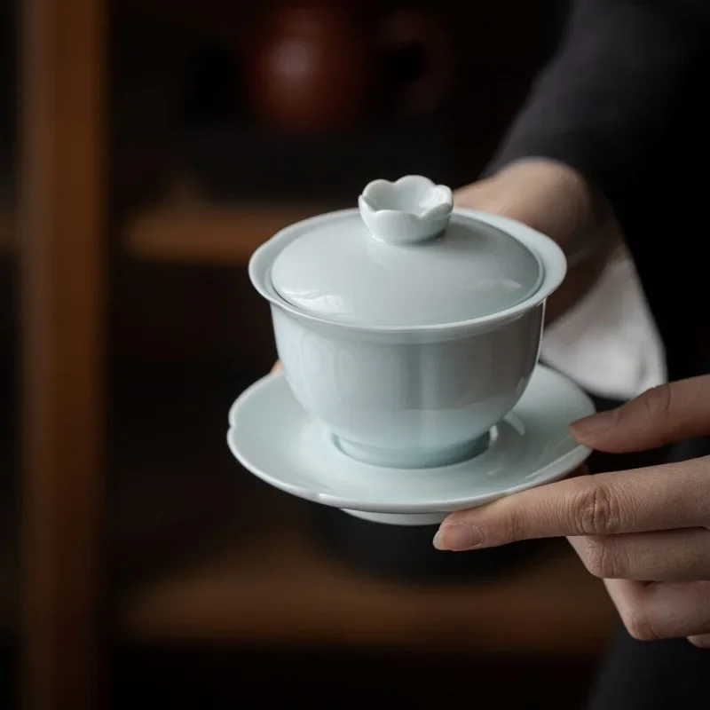 

Lotus Green Porcelain Gaiwan Set, Large White Celadon Tea Bowl, Kung Fu Tea Set, Traditional Tea Cup and Saucer 150ml