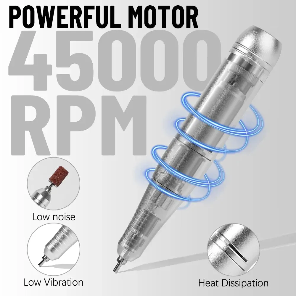 45000RPM Electric Nail Drill Machine Com Display LCD Recarregável Nail File Nails Acessórios Gel Nail Polish Sander Baixo Ruído