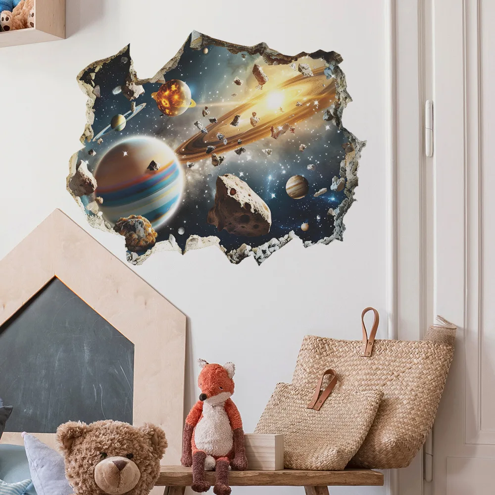 Creative fashion technology sense broken wall Cosmic planet bedroom living room background landscaping decorative wall stickers