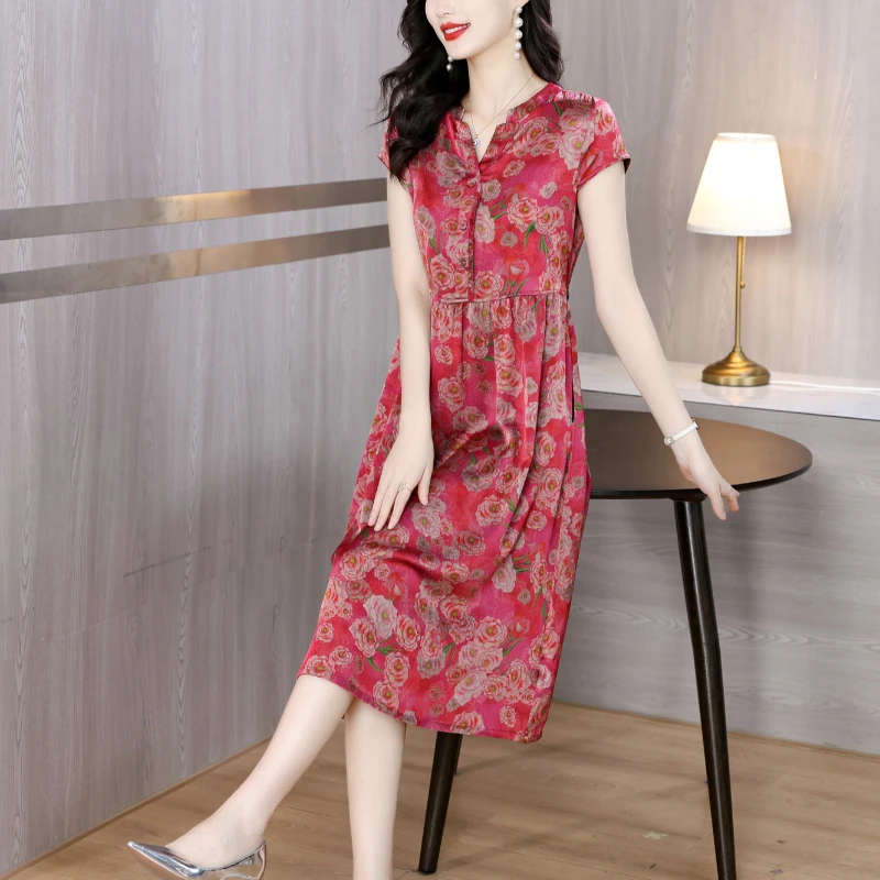 Summer Women Red Satin Vintage Luxury Bodycon Dress 2025 Office Lady Floral Silk Midi Dress Elegant Casual Night Party Vestidos