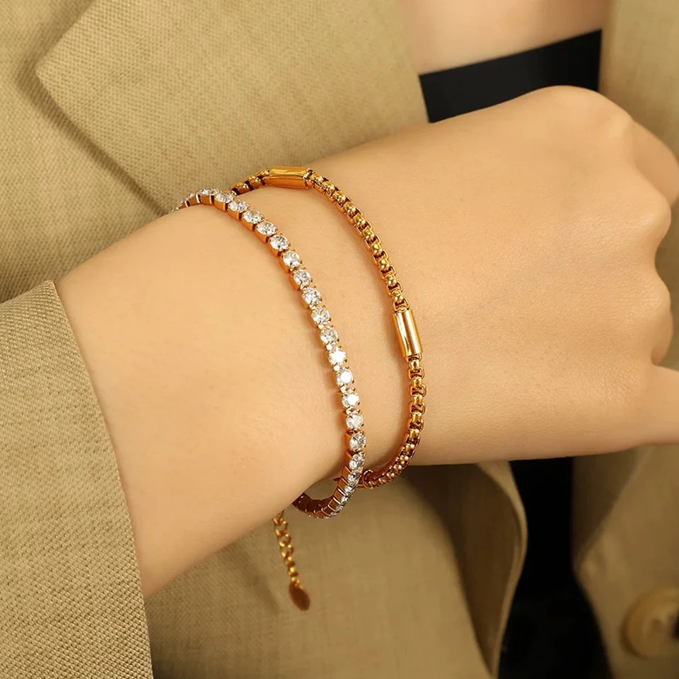 Yupsk 316L Stainless Steel Double Chain Bracelet Shiny Zircon Vintage Gold Color Charm Bracelets Women Party Jewelry Gift