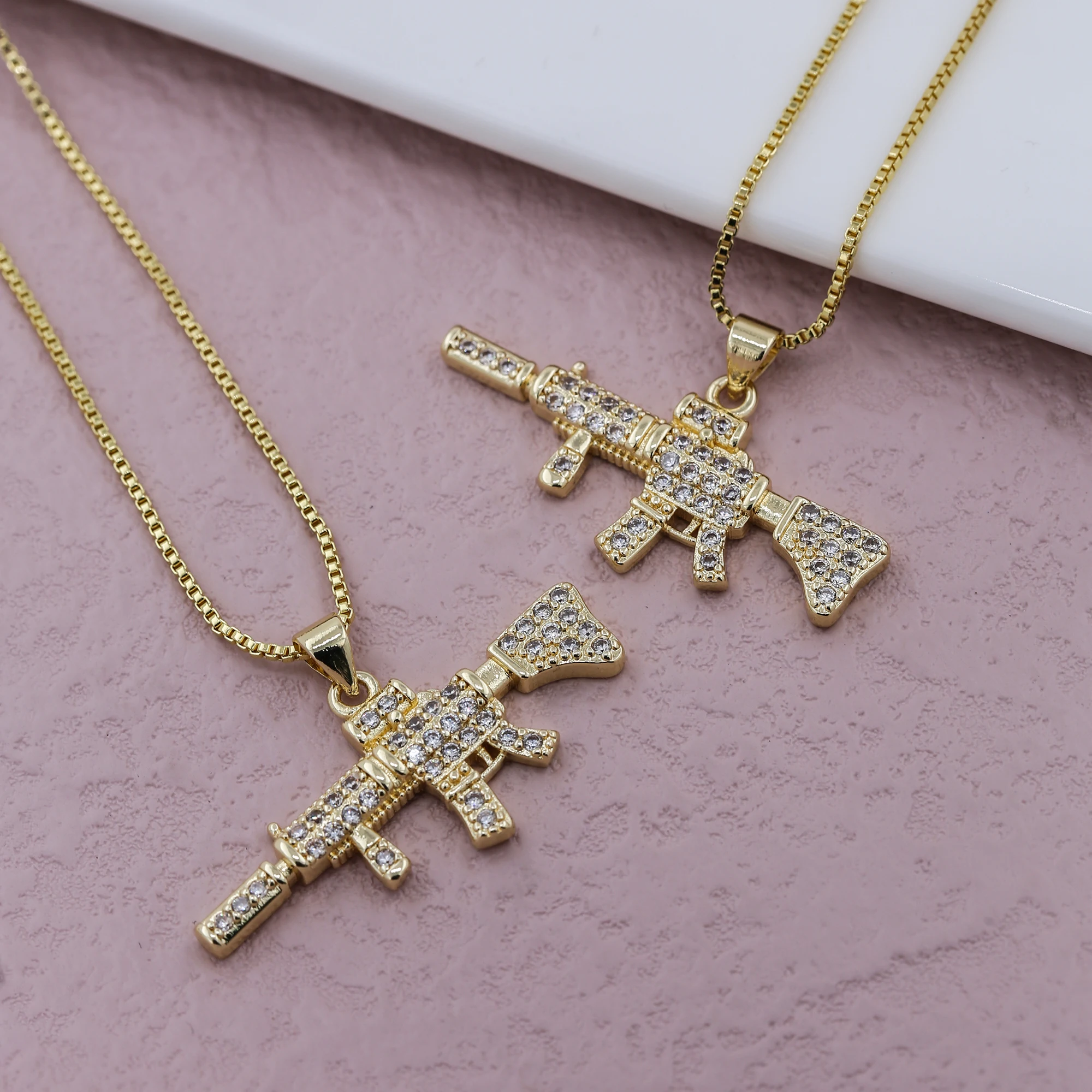 Fashion  Hip Hop Rock Punk Blingling Iced Out Pistol Pendant Submachine Gun Necklace Men Cool Street Party Jewelry Gift