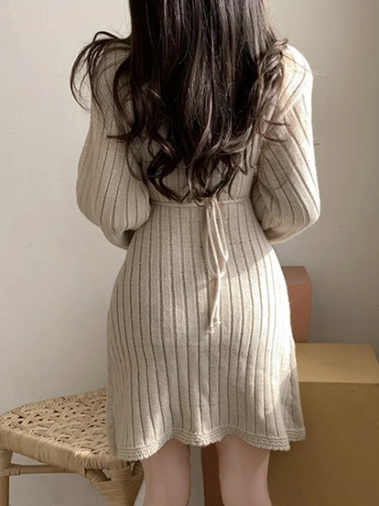 Robe pull tricotée pour femmes, nouvelle mode, automne hiver, manches longues, col en V, robes élégantes rayées, haut en tricot, vêtements