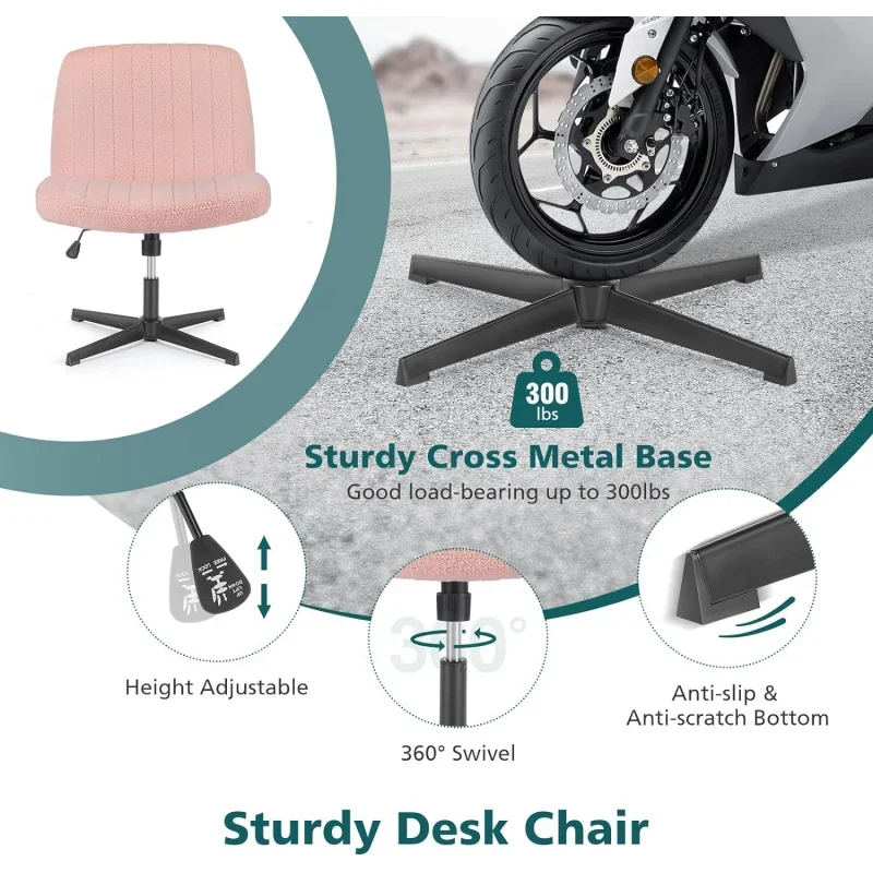 Cross Legged Armless Wide Adjustable Swivel Padded Home Office Desk Chair, Pink