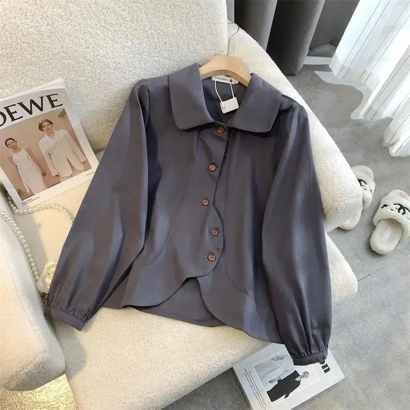 Vintage Brushed Loose Fitting Shirt with Inner Doll Sweet and Age Reducing Shirt Spring Top New Women\'s Collar Japanese Style