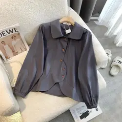 Vintage Brushed Loose Fitting Shirt with Inner Doll Sweet and Age Reducing Shirt Spring Top New Women's Collar Japanese Style