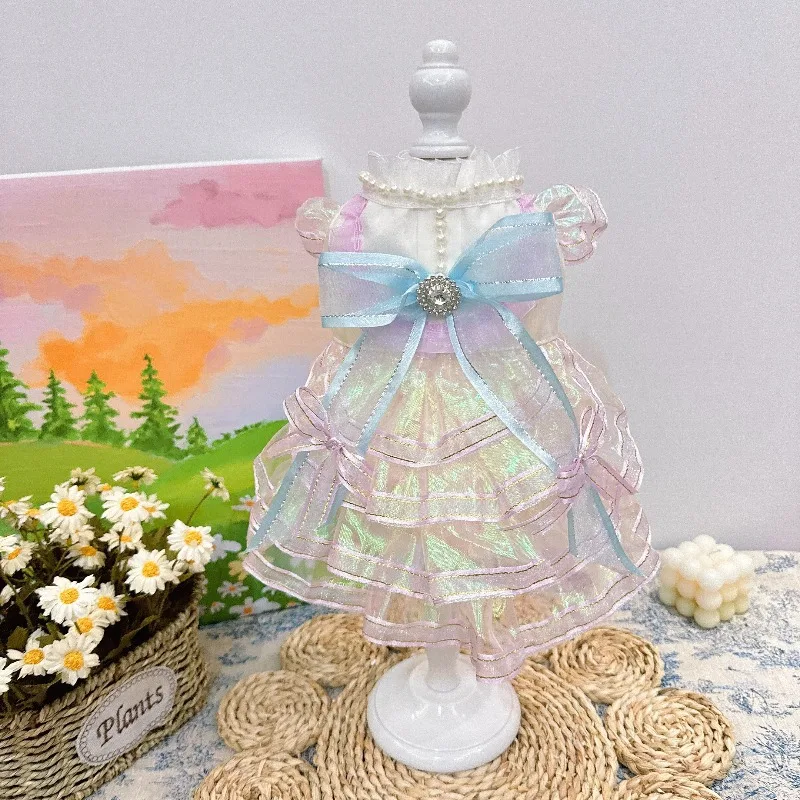 Charming Iridescent Layered Pet Lolita Dress Pearl Embellishment Bow Ornament Light Weight Fancy Outfit for Birthday Events