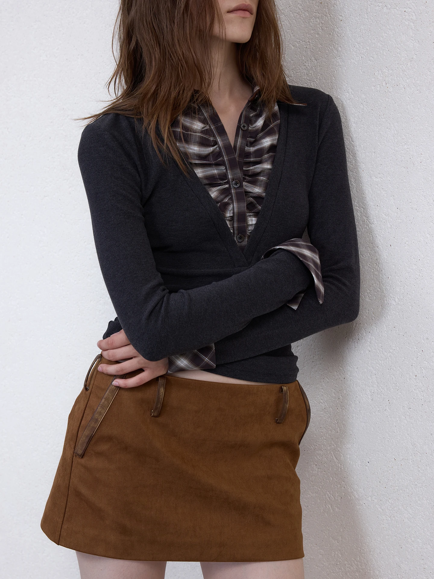 

Retro Spliced Plaid Slim Fit Women's Long Sve T-irt Fake Two-Piece College Sle Silk Wool Blend Autumn Faion Ladies' ...