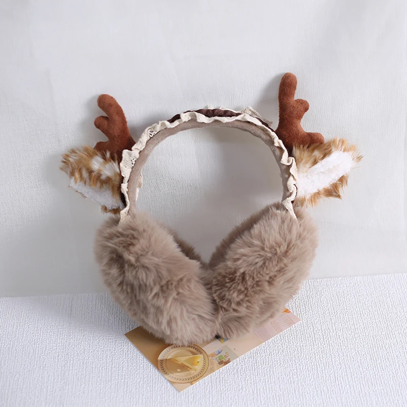 Lolita Girl Christmas Warm Elk Deer Earmuffs Headband New Year Plush Foldable Ear Protector Hair Band Gift