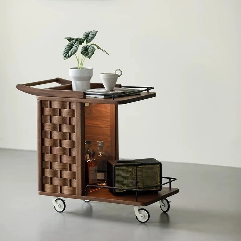 Black walnut movable side table with wheels Modern simple mobile coffee table