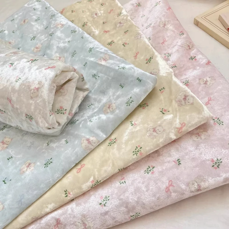 

50X160cm Stretch Velvet Fabric Cute Little Bear Bow Cartoon Silk Force Thin Soft Printed Flannel for DIY Sewing Clothing,Curtain