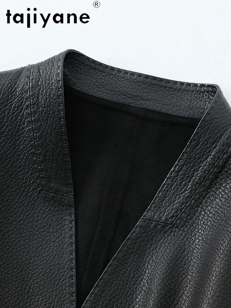 TAJIYANE Giacche in Pelle di Capra 100% Genuina, Giacca in Vera Pelle con Scollo a V, Cappotto Donna Lunghezza Media con Cintura, Abbigliamento Primavera 2026, дубленка