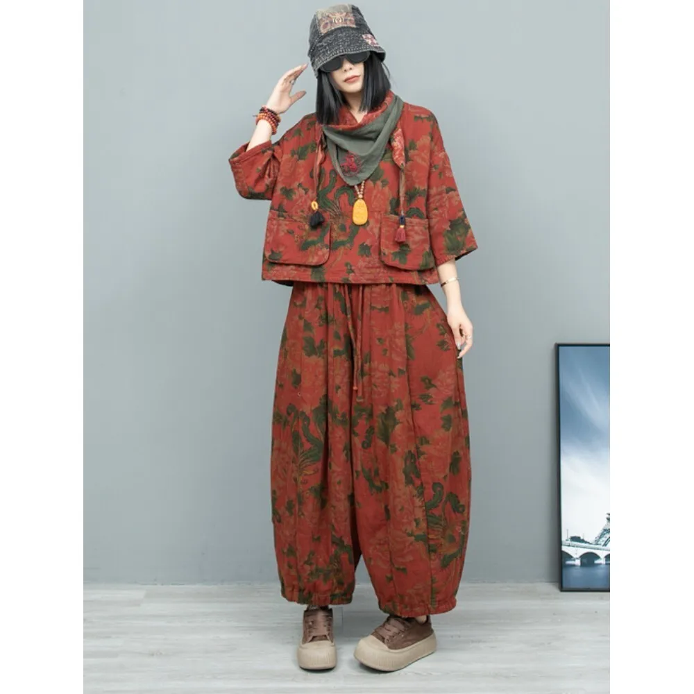 Chinese Style Printed Vintage Cotton Linen Big Pocket Long Sleeve Top + Pumpkin Pants Two-piece Set Women 2024 Autumn LX2195