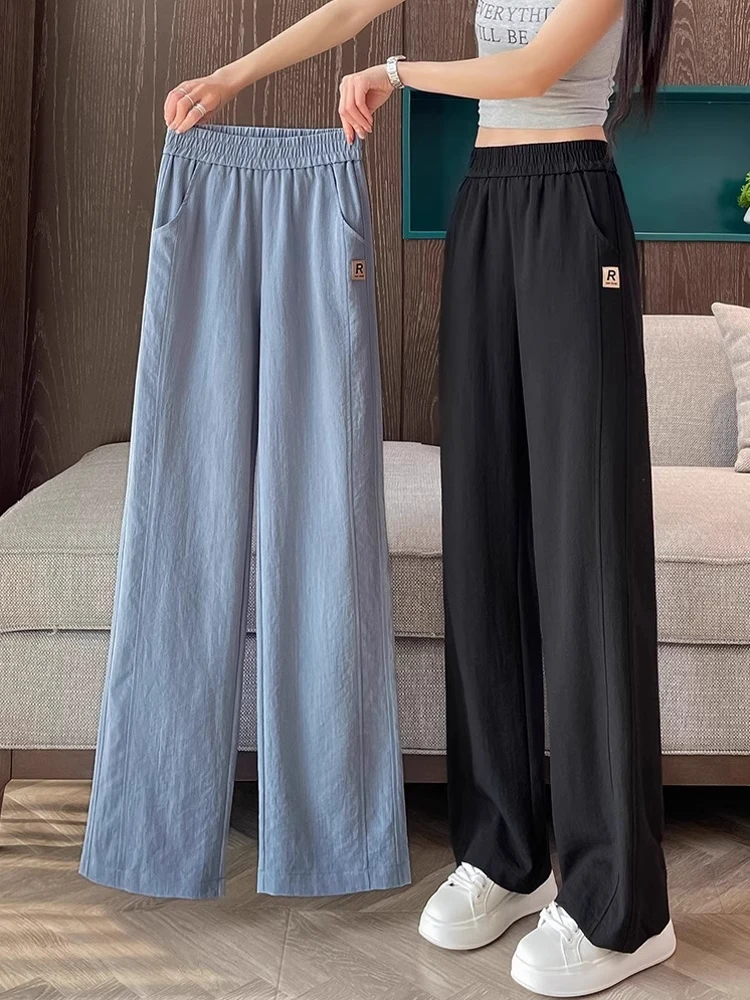 

Широкие брюки из ледяного шелка, женские летние тонкие брюки с защитой от солнца, повседневные брюки, верхняя одежда, узкая версия, прямые брюки-банан...