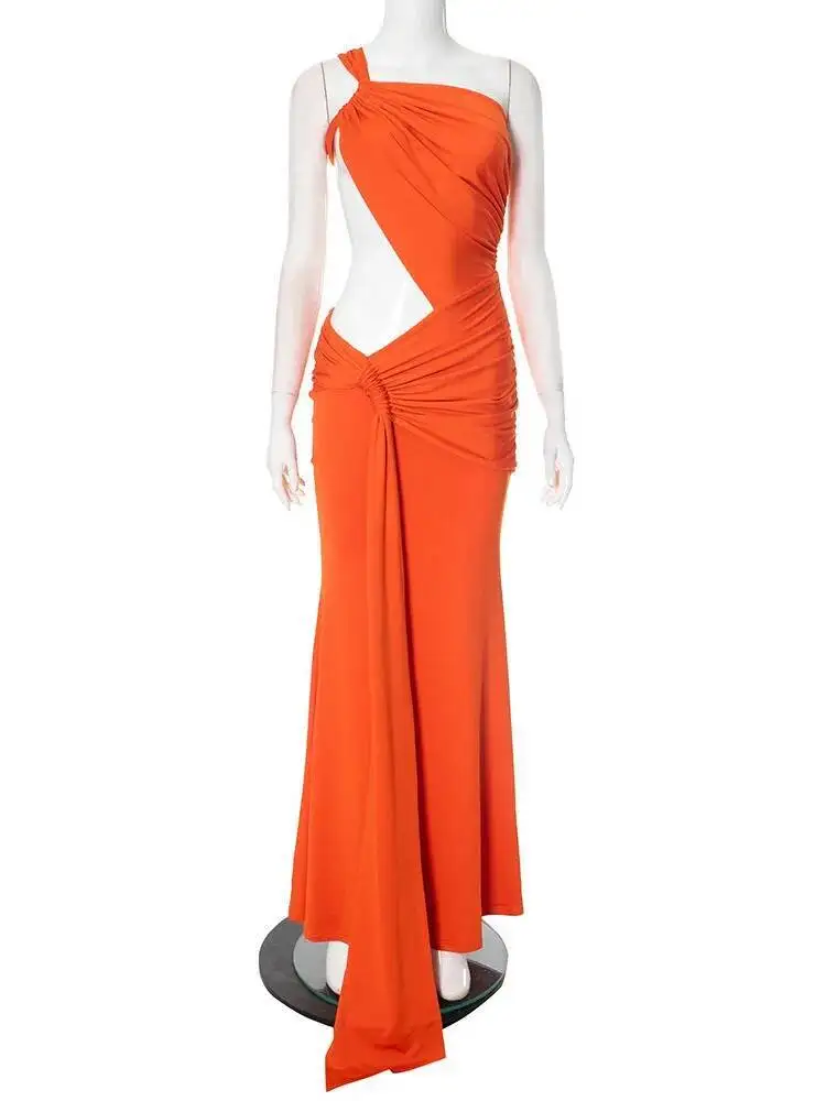 غير النظامية Ruched مثير ماكسي للنساء ثوب الجوف خارج كتف واحد بلا أكمام ثنيات Bodycon نادي فستان طويل للحفلات