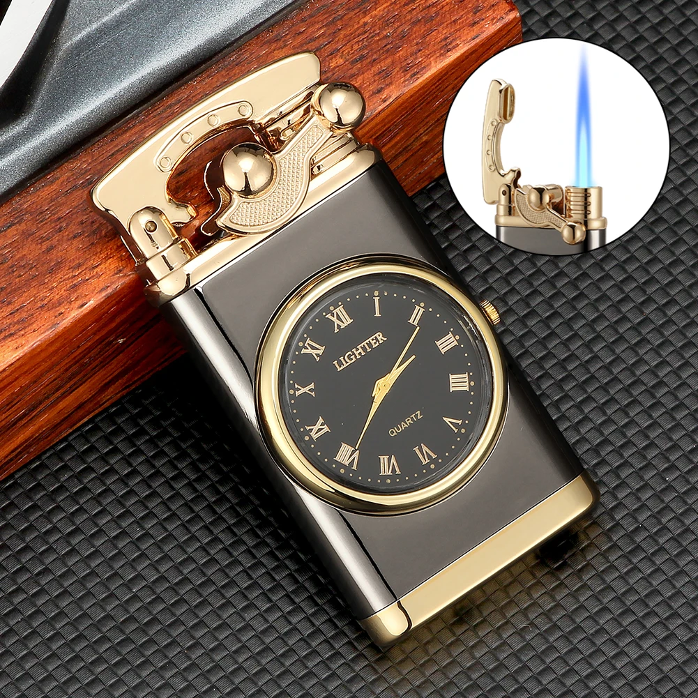 

GALINER Luxury Cigar Lighter With Watch Unusual Jet Butane Gas Torch Jet Lighters Rocker Arm Accessories Gadget With Gift Box