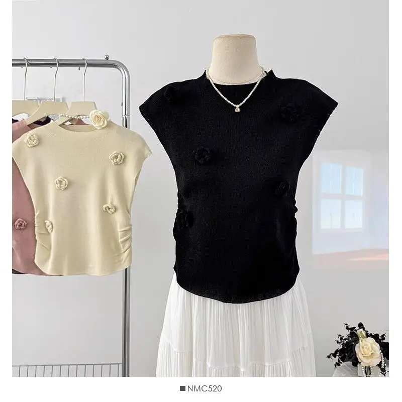 

Женская футболка летом 2023 года, новый плиссированный облегающий талию тонкий топ с трехмерным цветком, вязаный без рукавов