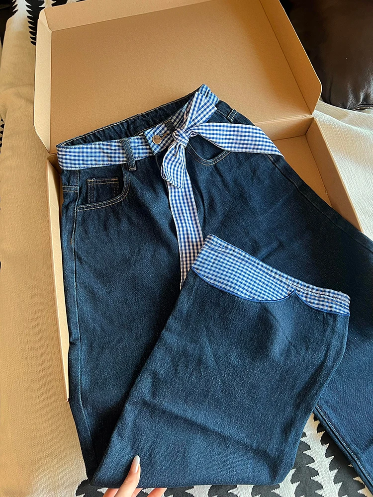 

Американские прямые джинсовые брюки с высокой талией в клетку, женские весенне-осенние дизайнерские свободные широкие брюки