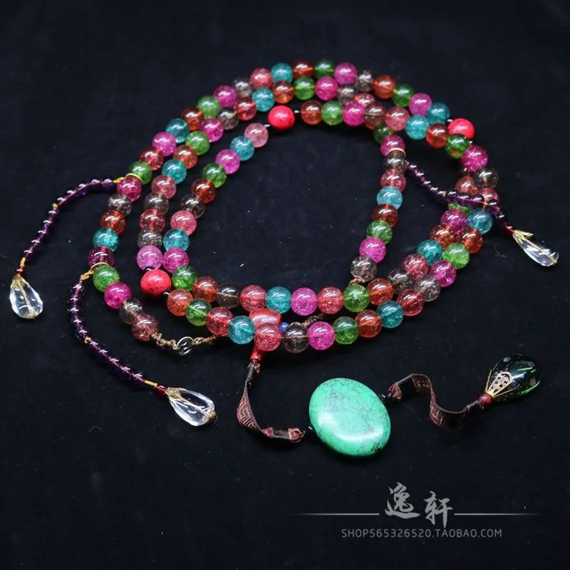 Antique-Style Qing Dynasty Blue Tourmaline Round , Turquoise Multicolored Necklace, Buddhist Beads
