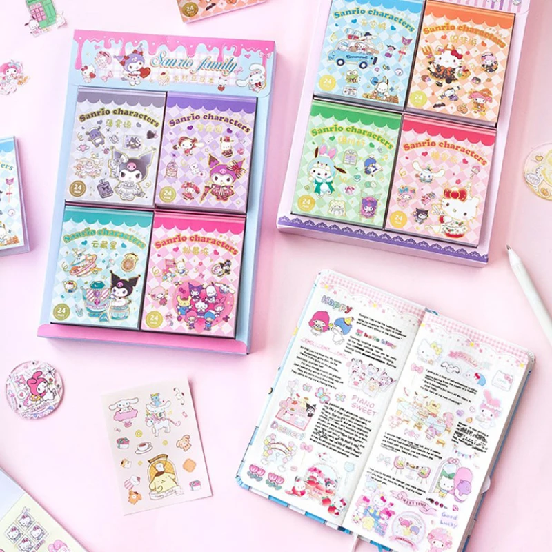 Sanrio Stickers Book Hello Kitty Cinnamoroll Kuromi Kids Mini Sticker Decorative Hand Account Laptop Stationery Decals