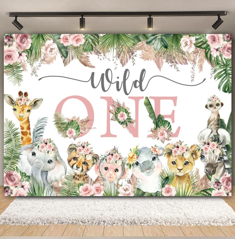 Tropical Jungle Safari Animals Backdrop Girl Wild One Forest Flower Baby Shower Birthday Photography Background Photo Studio