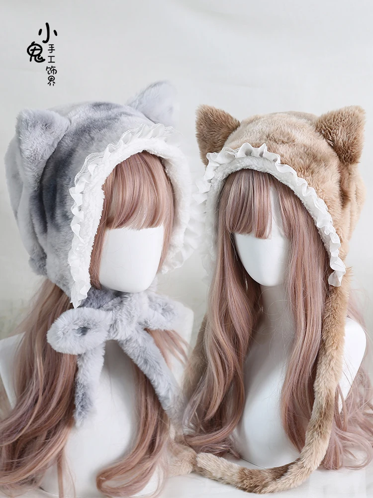 New Winter Lolita y2k Beanies Girls Cute Tiger Cat Print Hat for Women Warm Thick caps Hooded Hats