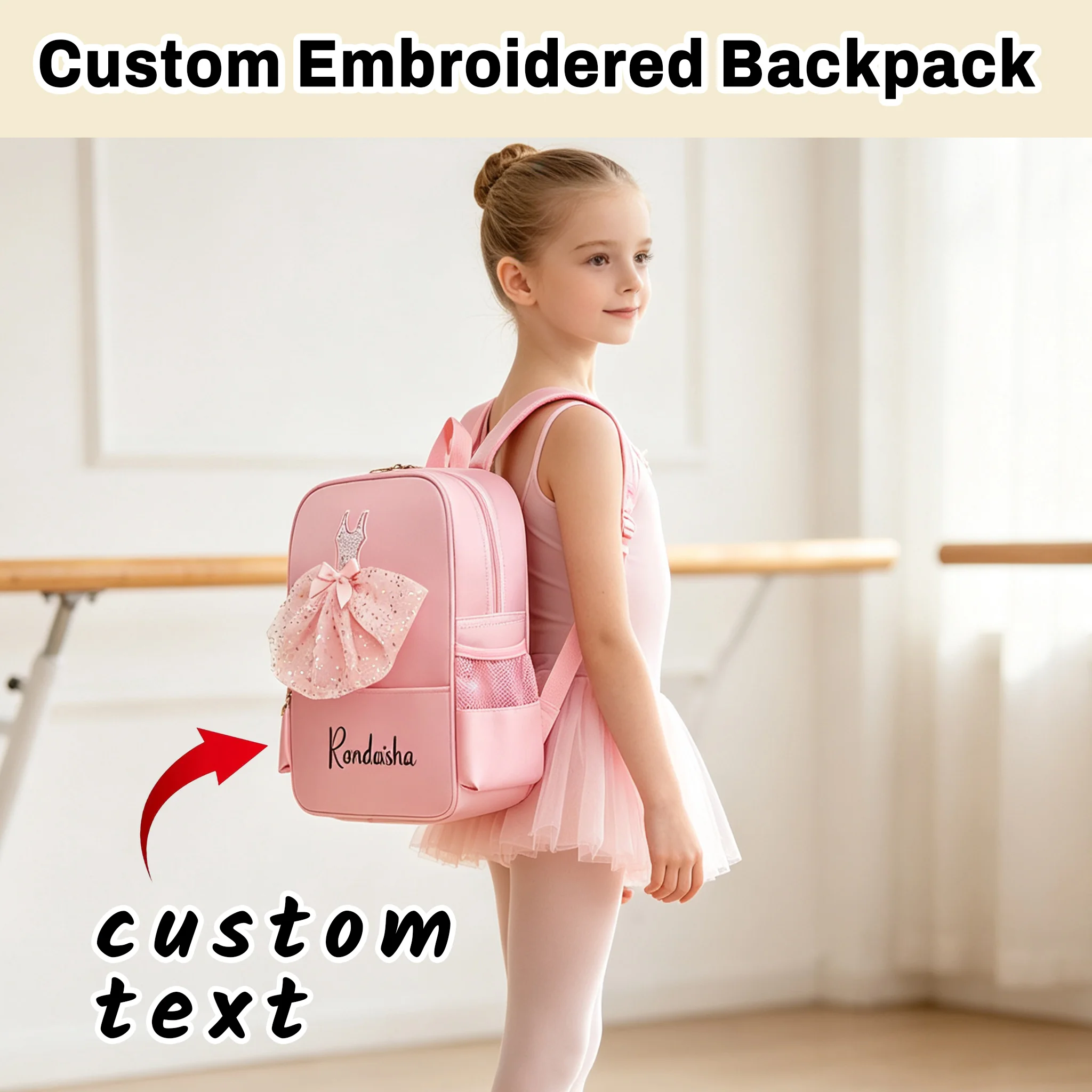 Personalized Embroidered Ballet Dance Backpack, Princess Style Girls Dance Bag, Custom Name Kids Bookbag with Tutu Dress Decorat