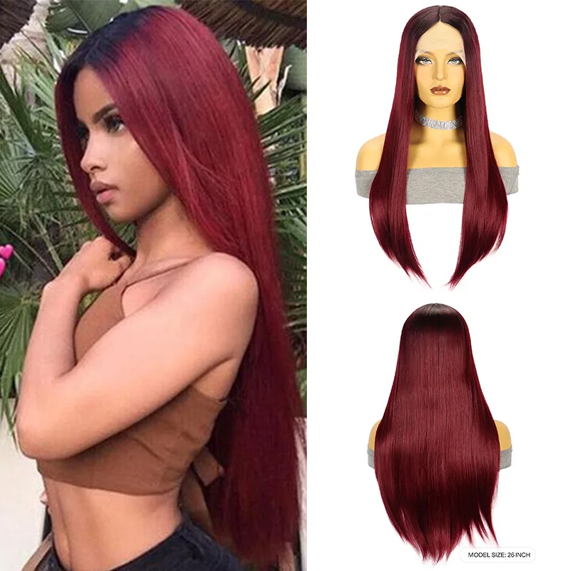 

Long Synthetic Lace Front Straight Wigs Ombre Wine Red Burgundy Wigs for Women Natural Hairline Full Wig for Daily Party Use