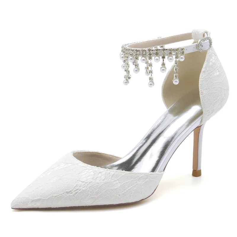 High Heel Lace Wedding Shoes for Bride Pointed Toe Pearls Tassels Women Heels Pumps for/Engagement/Bridal