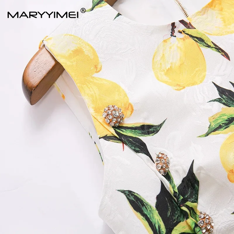 MARYYIMEI Fashion Design Summer Elegant Jacquard Short Dress Women's Sleeveless Gorgeous Beading Lemon Print Vintage Mini Dress