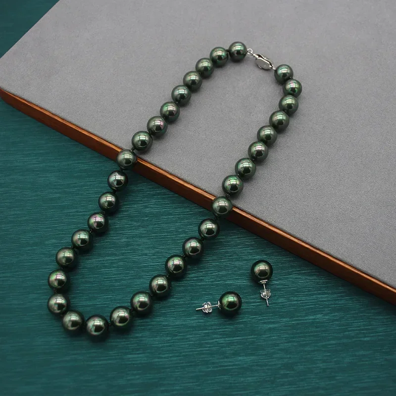 Tahitian Peacock Green Pearl 10MM Round Pearl Shell Pearl 925 Necklace Earrings Set