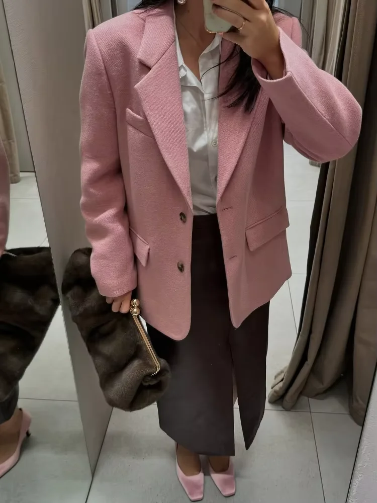 Chic Solid Pink Blazer Coat Women Elegant Lapel Full Sleeve V-neck Single Breasted Loose Coats 2026 Lady Spring Commute Jacket