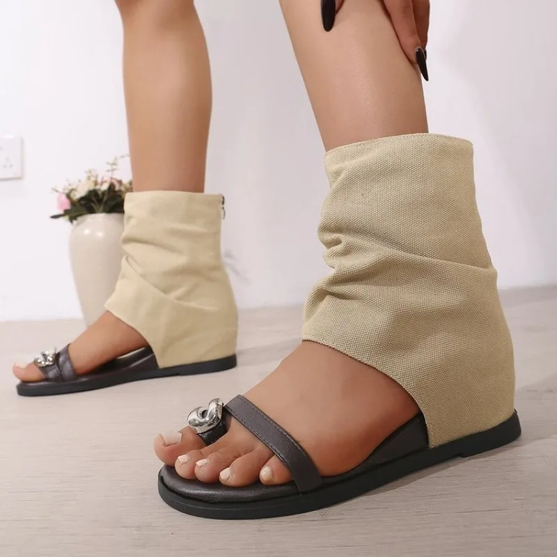 Women's Flat Sandals Open Toe Thong Ankle Boots Slouchy Fabric Shaft Back Zipper Metal-Look Decor Casual Summer Street Shoes