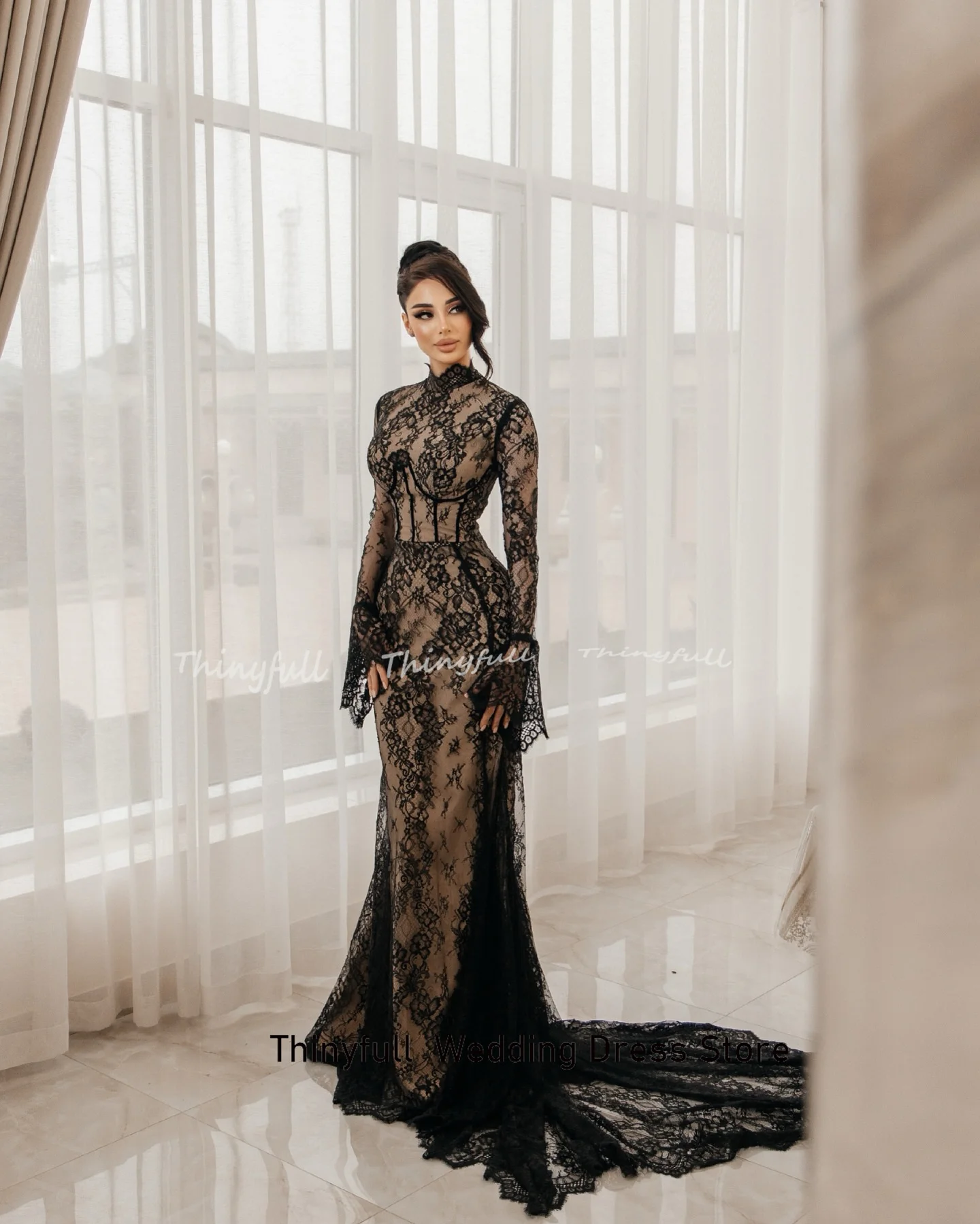 black lace mermaid dress Black Lace Strapless Sheer Mermaid Dress – Hot Miami Styles main image 1