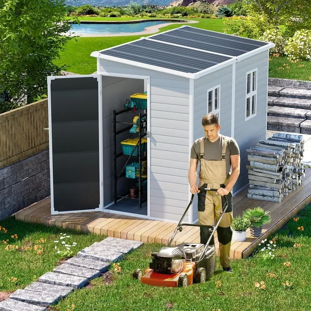 Gray 8x4x6 ft. Plastic Storage Shed with Floor Windows, Door Vents, Reinforced Waterproof Lean-to Kit for Backyard or Patio