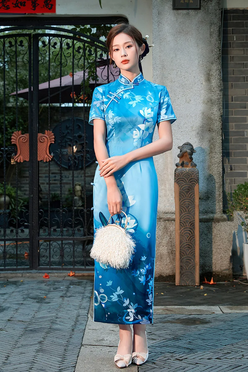 

2023 Spring And Summer New Blue Cheongsam Dress Retro Artistic Temperament Floral Cardigan Qipao Hanfu Chinese Dress