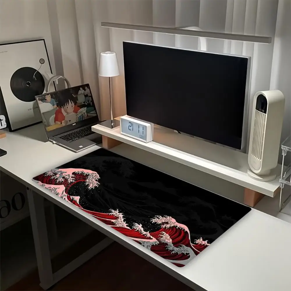 Japanese Kanagawa Wave Extended Gaming Mouse Pad Non‑Slip Desk Surface Ukiyo‑e Red Ocean Landscape Art Print For Gaming
