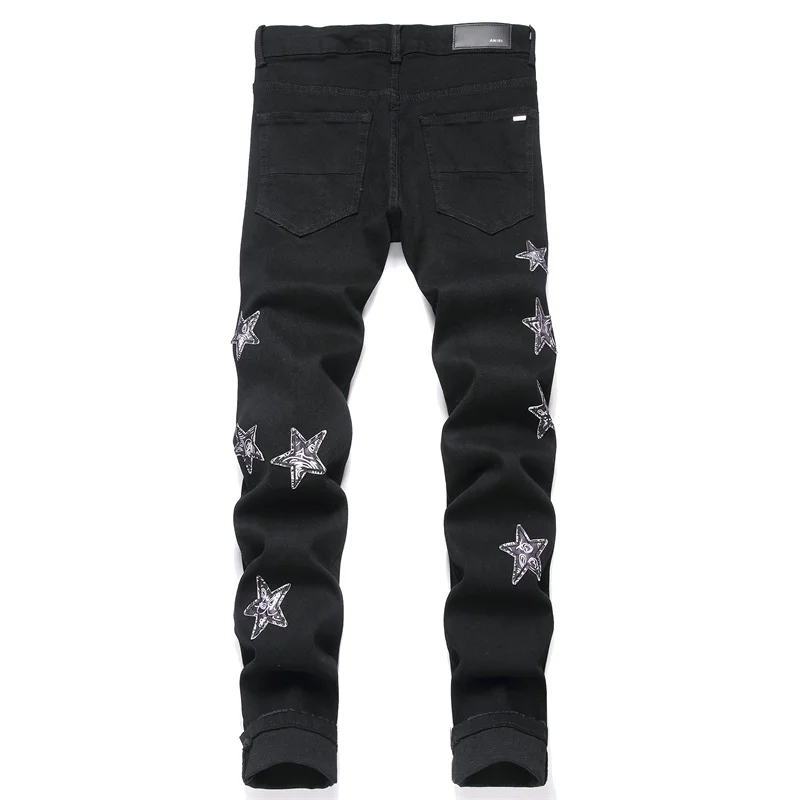 2024 high-end biker men's jeans personalized pentagonal embroidery holes black stretch fashion small straight pants men's pants