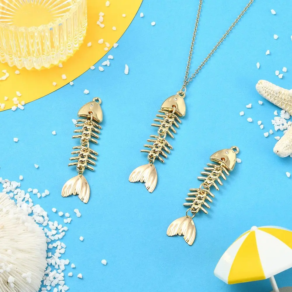 3pcs Golden Fish Bone Charms Articulated Movable Fish Skeleton Pendant Big Fishbones for DIY Necklace Earring Jewelry Making