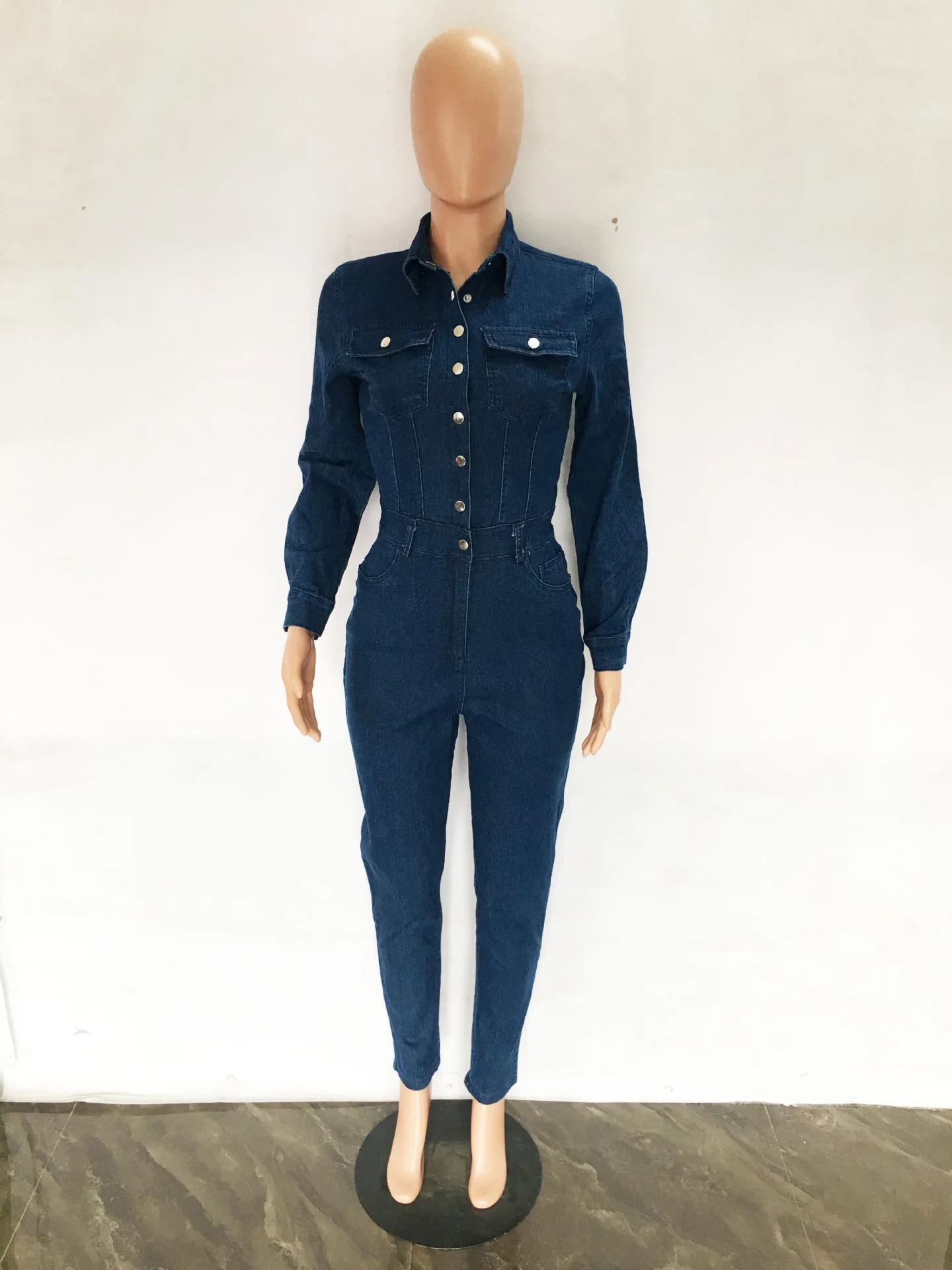 Combinaisons en jean pour femmes, col rabattu, manches longues, combinaisons serrées, combinaisons en denim pour dames, barboteuses, mode automne et