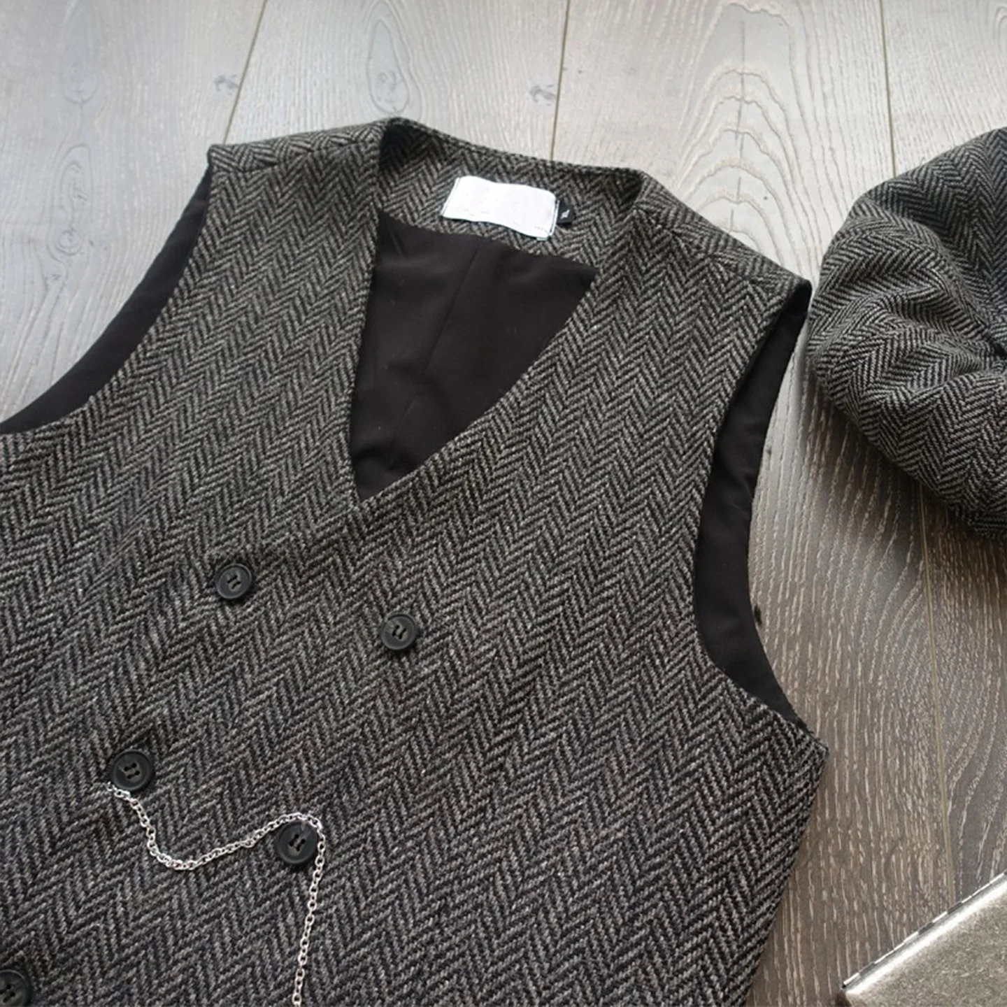 Autumn and Winter Retro Herringbone Pattern Tweed Heavy Wool  Western Double-Breasted Inner Suit Vest