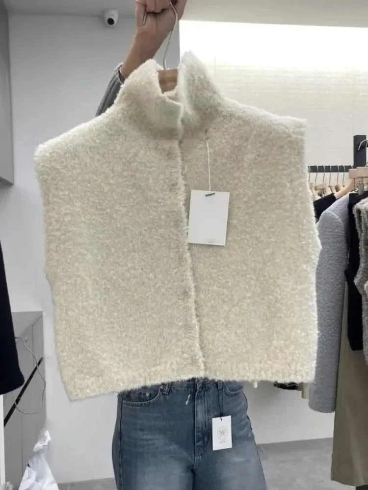 Spring Autumn Women Knitted Open Cardigan Sweater High Collar Sleeveless Vest Design Sense Korean Casual Commute Fit Outerwear