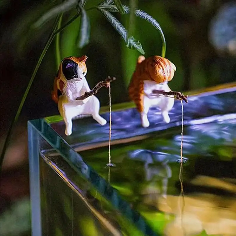 &A11I 7PCS Cats Fishing Figurine Cats Sculpture Sitting Fishing Little Cute Cats Resin Ornament Decorative Furnishings