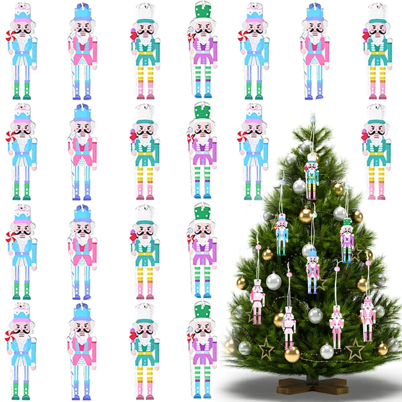 

8Pcs Christmas Pendant Pink Wooden Nutcracker Soldier Pendants Christmas Tree Ornaments Navidad Natal New Year Decor Xmas Gift