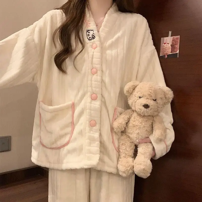 

Sanrio Hello Kitty женский тонкий флисовый пижамный комплект осень-зима милый кавайный теплый уютный домашний домашний пижамный комплект одежда для сна